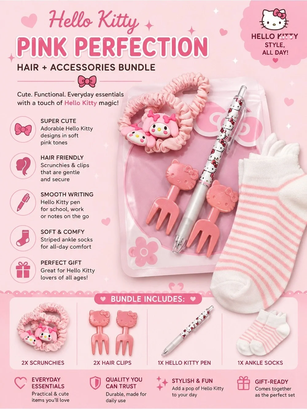 5pc set Hello Kitty Pink Hair Accessories Bundle - Scrunchies Clips Pen Socks